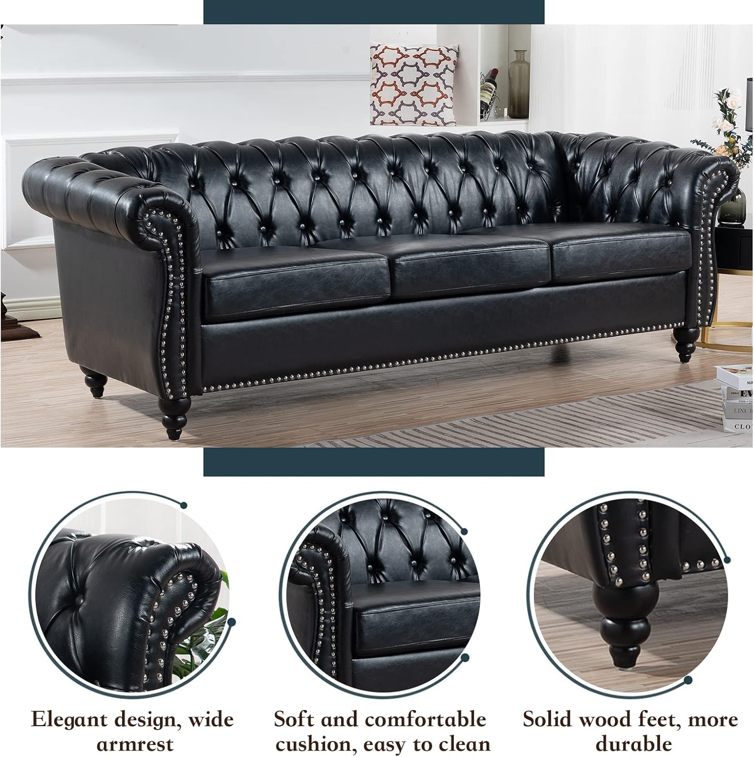 Chesterfield PU Leather Sofa, Upholstered PU Sofa with Tufted Back, Classic 3 Seater Leather Couch Rolled Arm for Living Room Office, Black