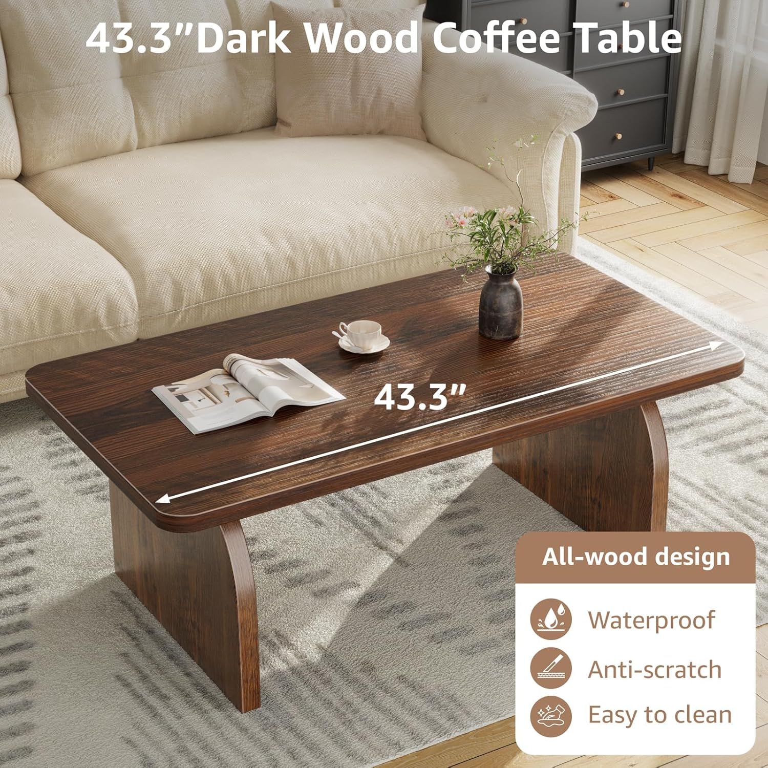 Farmhouse Coffee Table for Living Room - Dark Wood Rustic Rectangle Coffee Table Walnut, Solid Wooden Brown Center Table