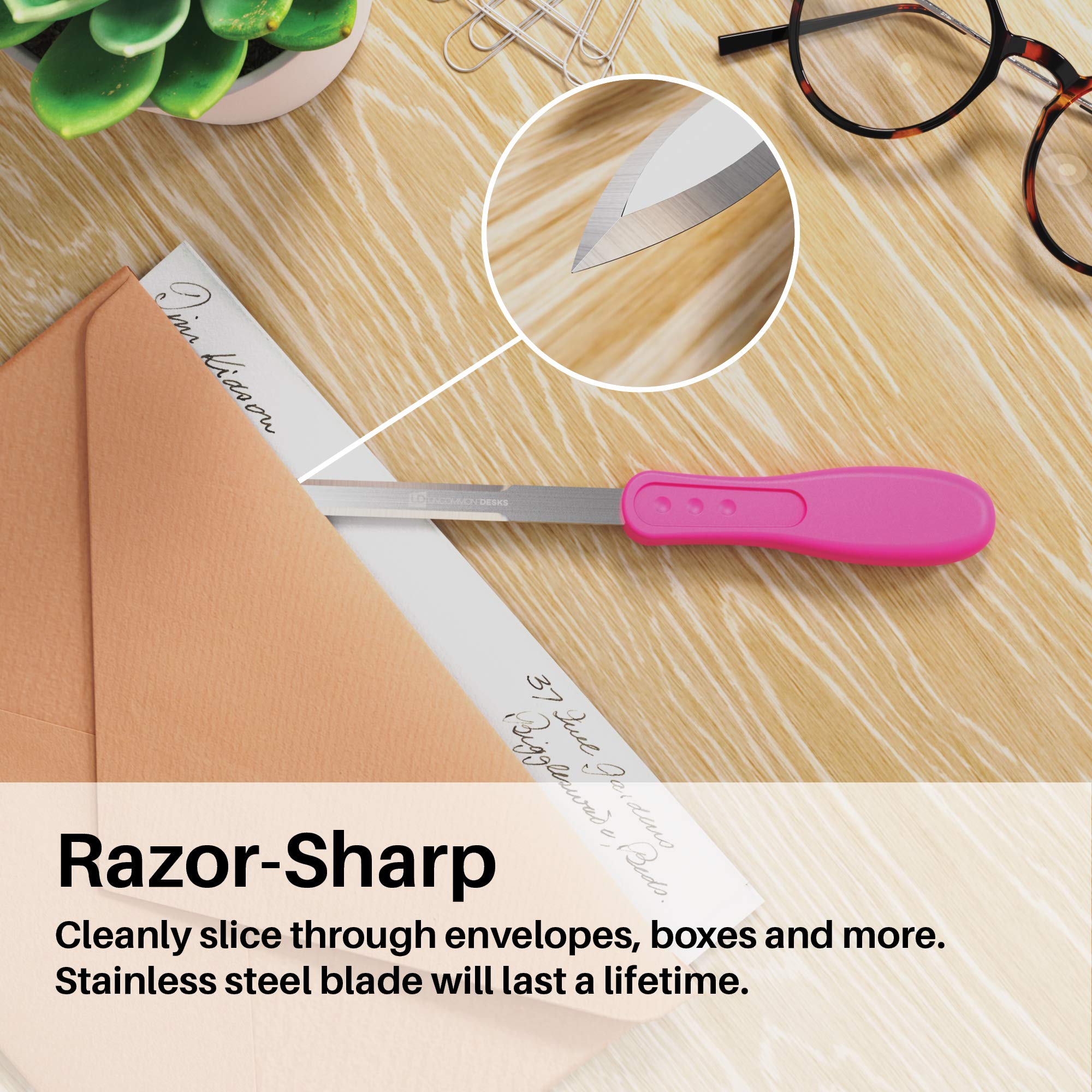 Uncommon Desks Office Letter Opener - Stainless Steel Knife-Edge Blade, Ergonomic Grip Handle (Hot Pink, 1 Pieces)