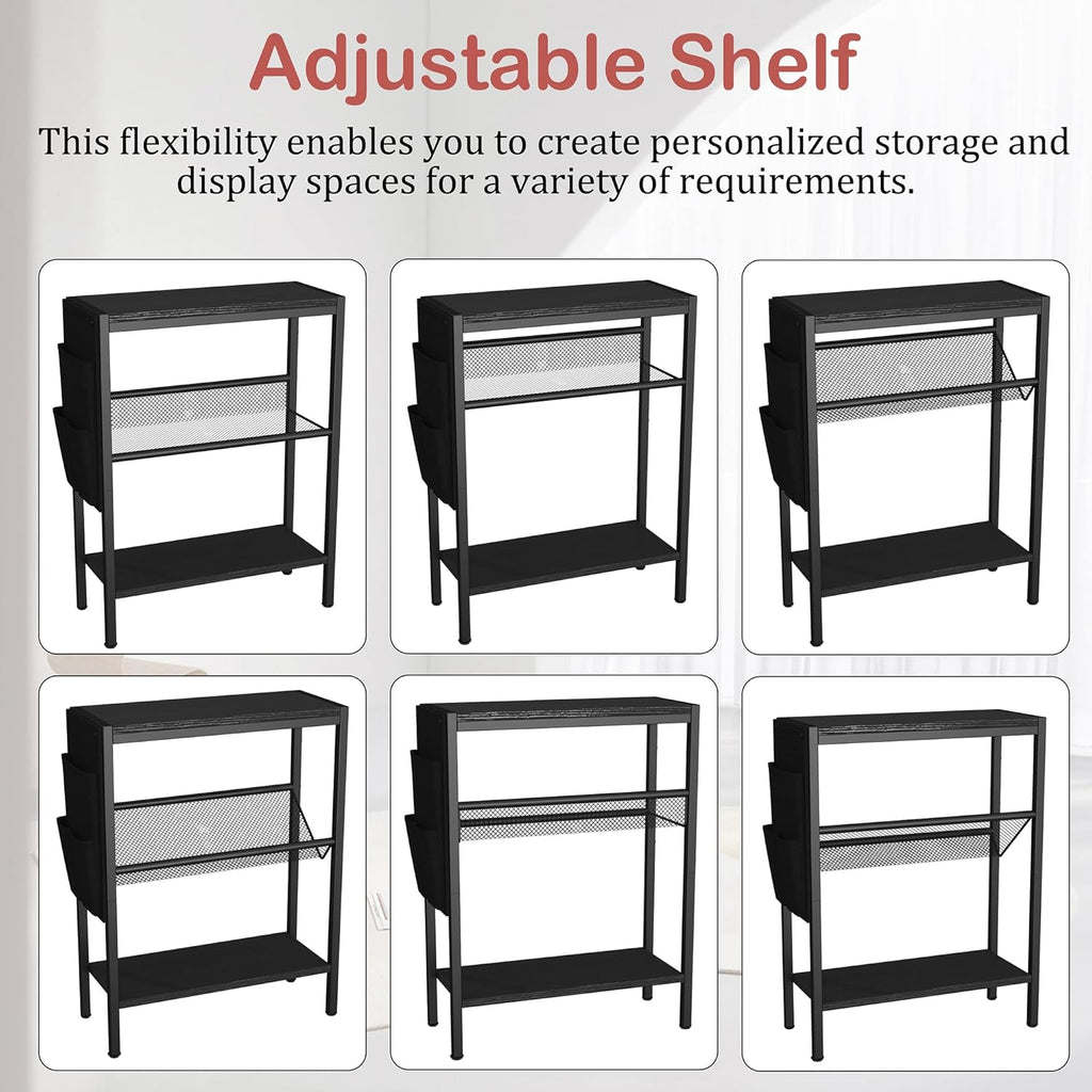 Yusong Small Narrow Side Table for Small Spaces, Slim End Table with Storage Bag, Sofa Snack Table with Adjustable Metal Mesh, 3 Tier Accent Skinny Beside Table for Living Room & Bedroom, Black Oak