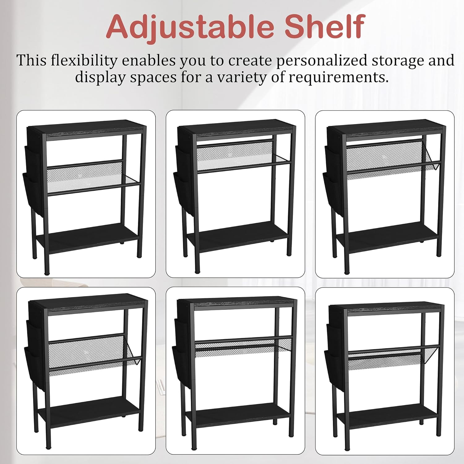 Yusong Small Narrow Side Table for Small Spaces, Slim End Table with Storage Bag, Sofa Snack Table with Adjustable Metal Mesh, 3 Tier Accent Skinny Beside Table for Living Room & Bedroom, Black Oak