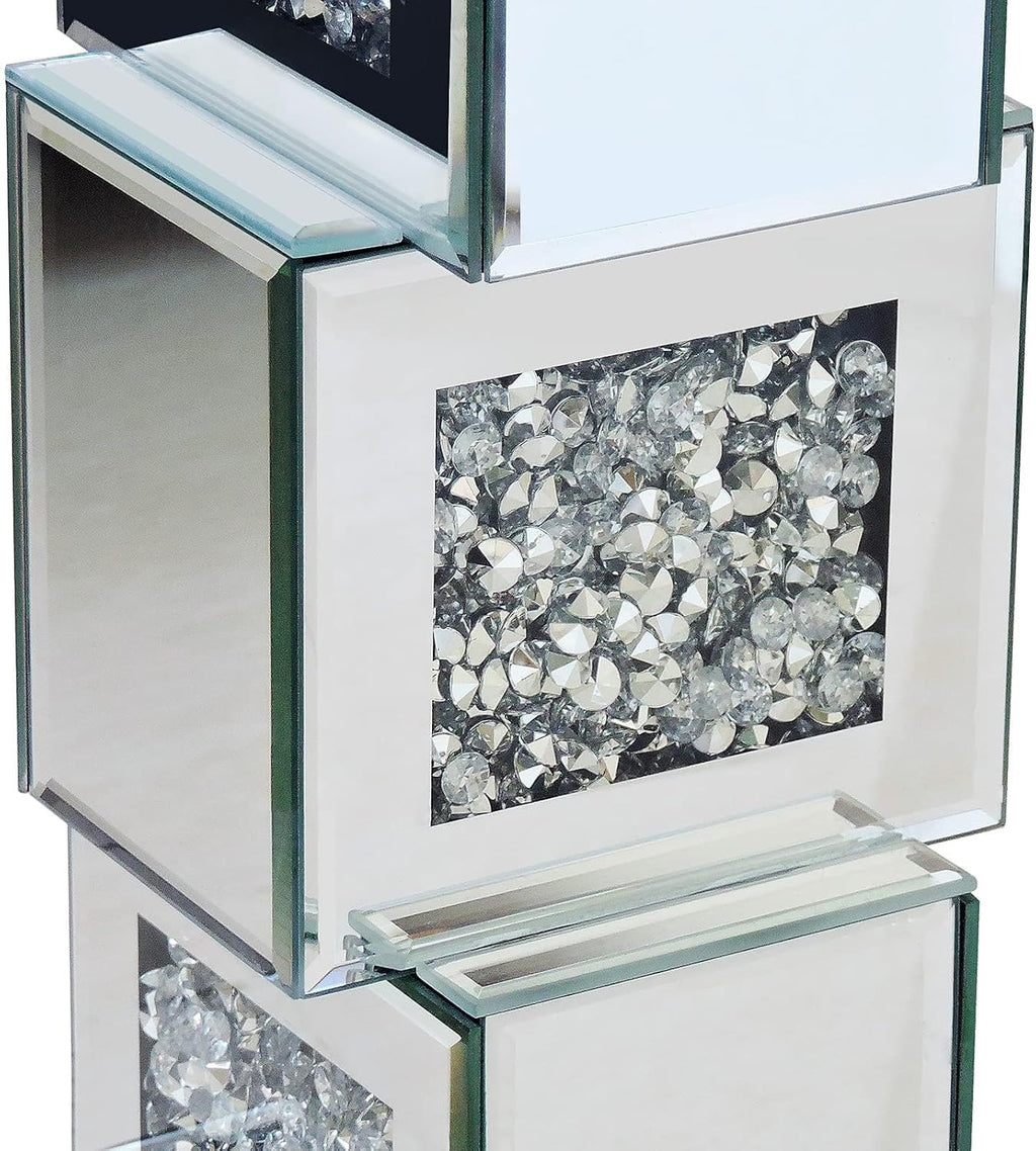 Silver Mirrored End Table With Crystal Inlay, Modern Side Table Accent Table, Square Small Coffee Table for Living Room, Bedroom
