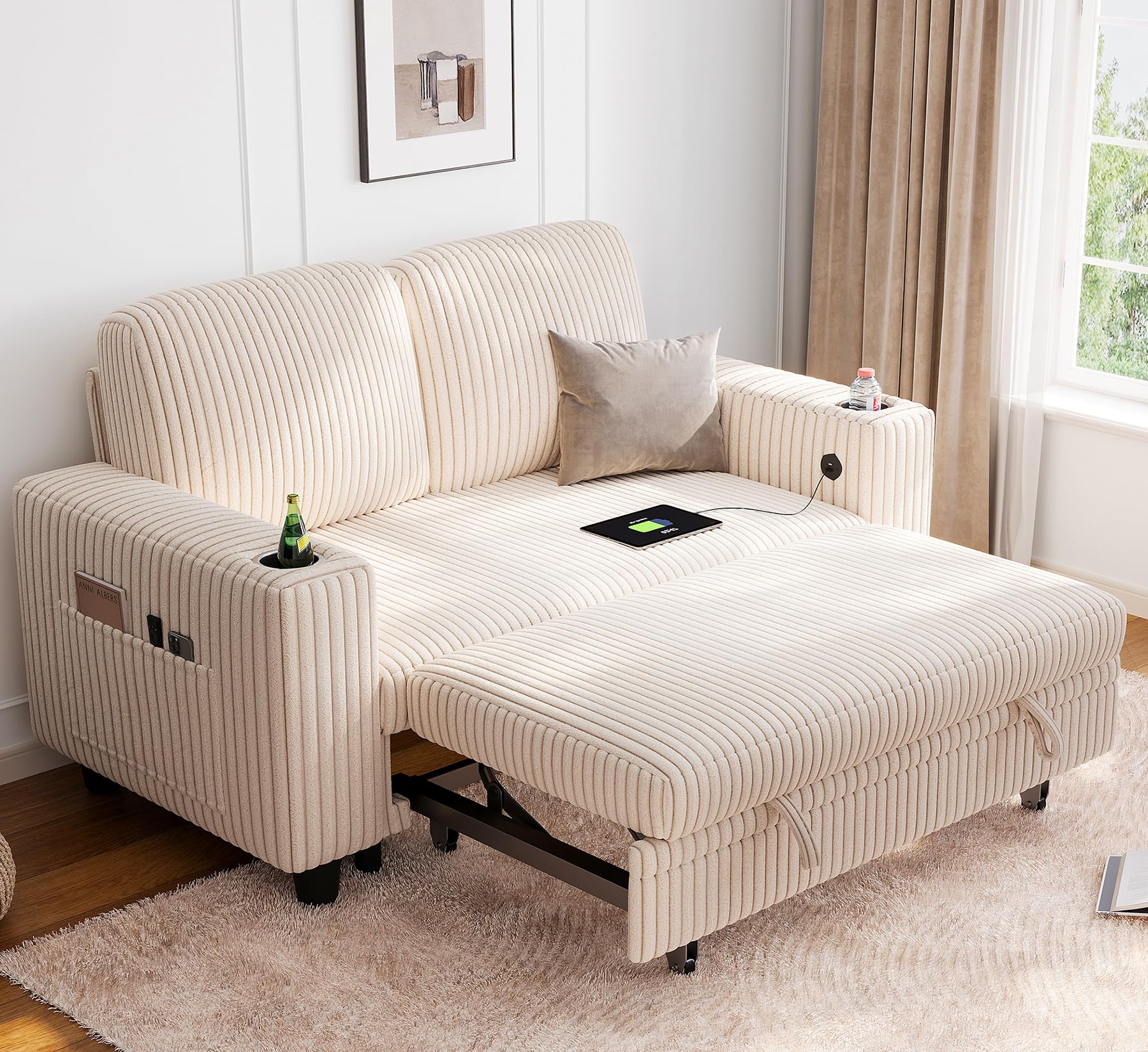 LINSY HOME Sectional Sleeper Sofa with Pull Out Couch Bed - Convertible Plush Corduroy Cloud Couch with Storage Chaise & USB Charging, Comfy Modular Couches for Living Room, Green