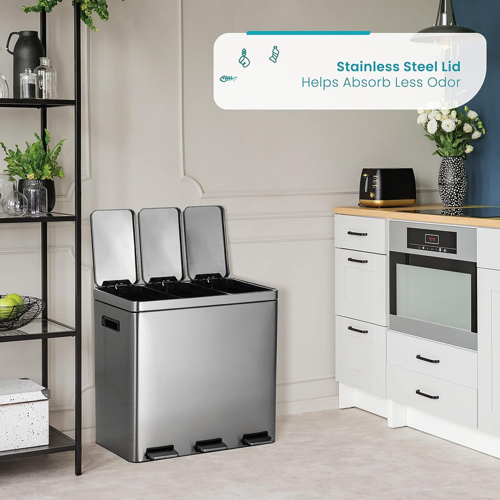 Home Zone Living 16 Gallon Large Kitchen Trash Can with Three Compartments for Recycling, Stainless Steel, Silver, 60 Liters Total