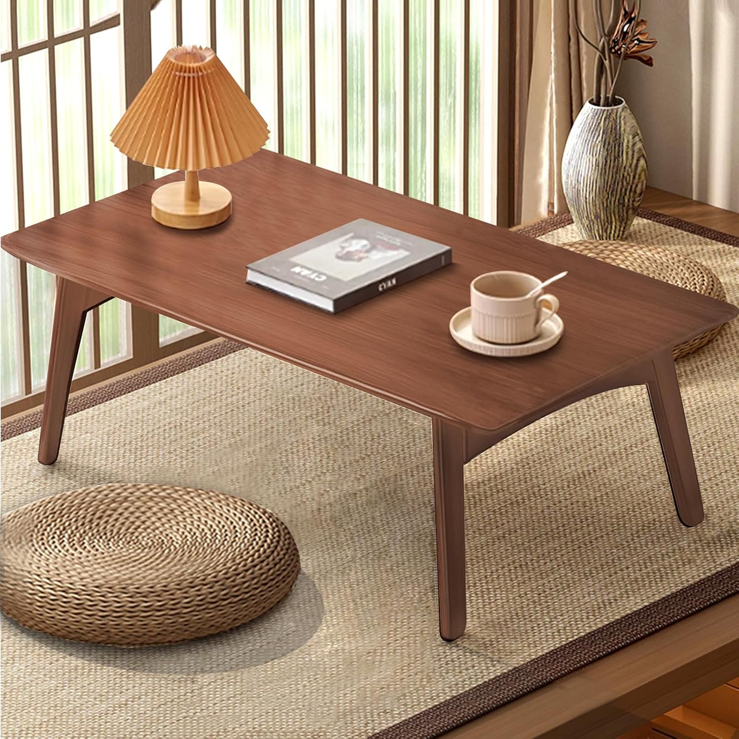 Folding Floor Table Low Coffee Table for Sitting On The Floor Japanese Floor Table No Assembly Tatami FoldableTable for Living Room Home Office (Walnut, Large)