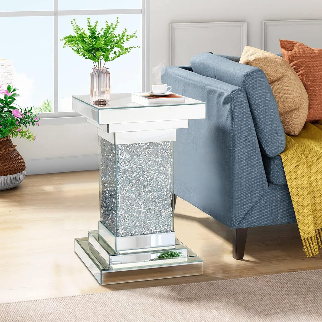 Pregaspor Silver Mirrored End Table, Square Side Table With Crystal Inlay, Modern Gorgeous Coffee Table for Living Room Bedroom