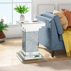 Pregaspor Silver Mirrored End Table, Square Side Table With Crystal Inlay, Modern Gorgeous Coffee Table for Living Room Bedroom