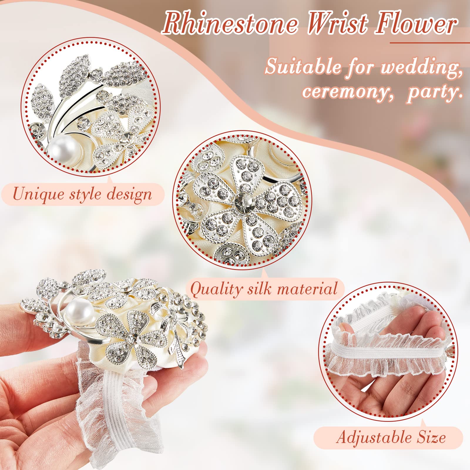 MTLEE 2 Pieces Rhinestone Wrist Corsage Wedding Corsage Wristlet Bracelet Silk Wrist Flower with Peal and Diamond for Wedding Bridesmaid Bridal Shower Prom Party(Silver Ivory)