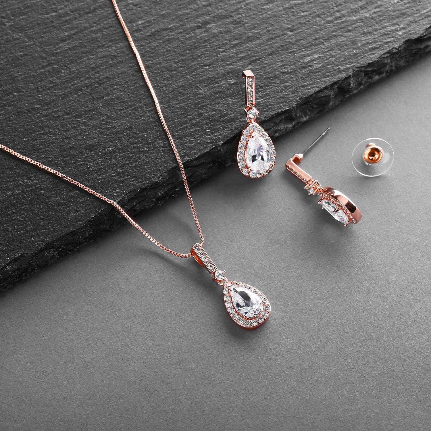 Mariell Rose Gold Bridal Wedding Necklace Earring Set, CZ Pendant and Drop Earrings for Bride, Bridesmaid