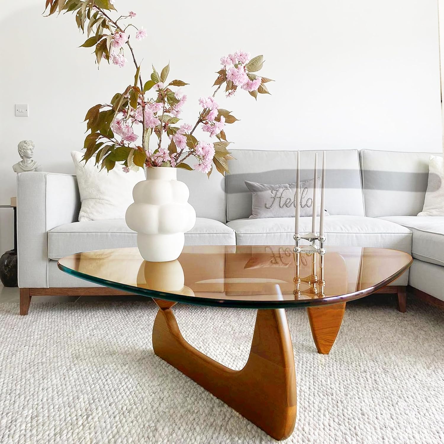 Triangle Coffee Table in Walnut Mid Century Modern Solid Wood Base and Triangle Clear Glass Coffee Table for Living Room Low Minimalist Tea Table Coffee Tables (32.3 * 22.4 * 16, Walnut Teal)