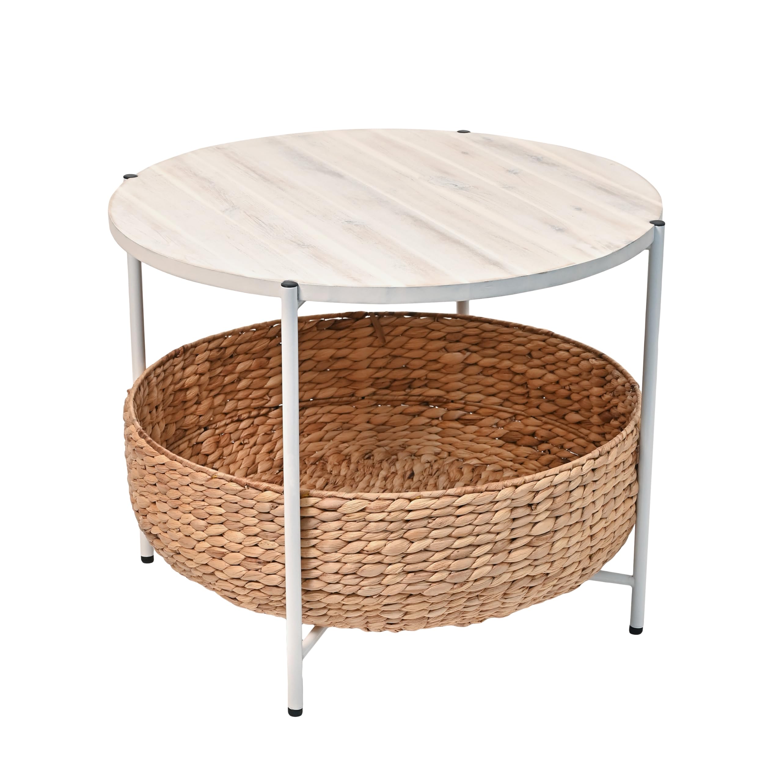happimess SAT2000B Carly 24.21" Modern Coastal Round Acacia Wood/Water Hyacinth Coffee Table with Storage Basket, Table for Living Room and Bedroom, Black