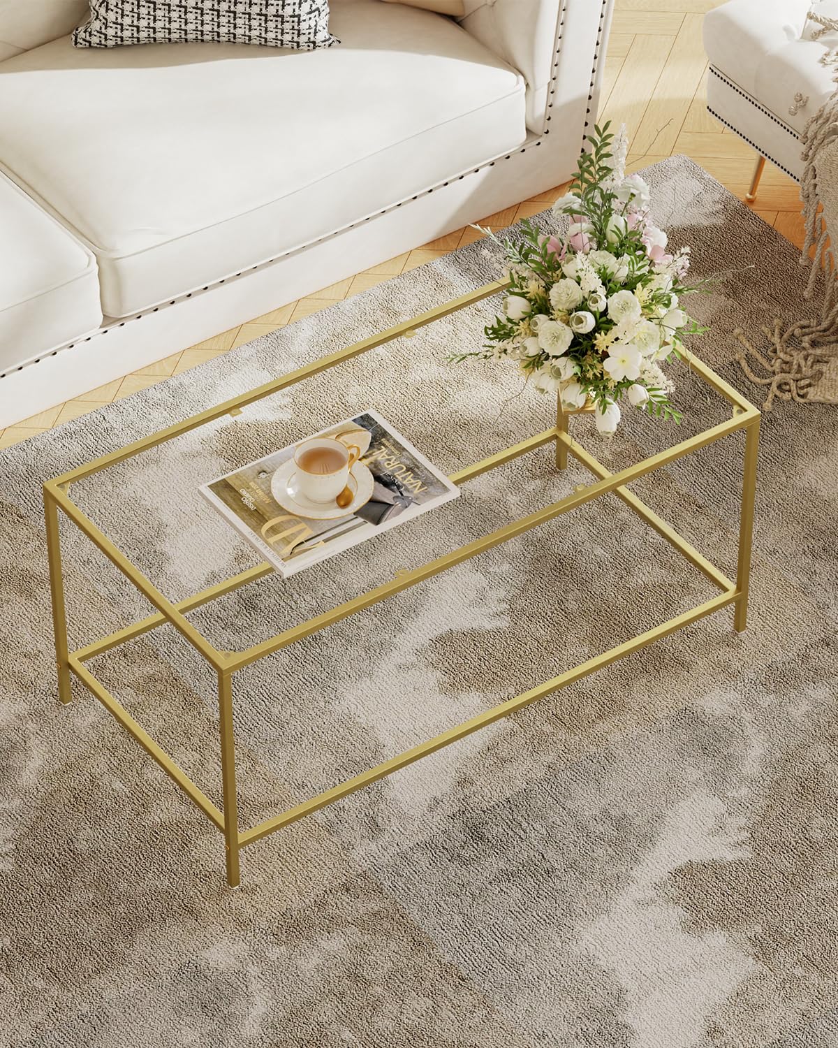 Glass Coffee Table, Modern Rectangular Coffee Table for Living Room, Minimalist Center Tea Table with Sturdy Metal Frame for Apartment, Office, Easy Assembly, 23.6 x 19.7 x 17.7 Inches, Golden