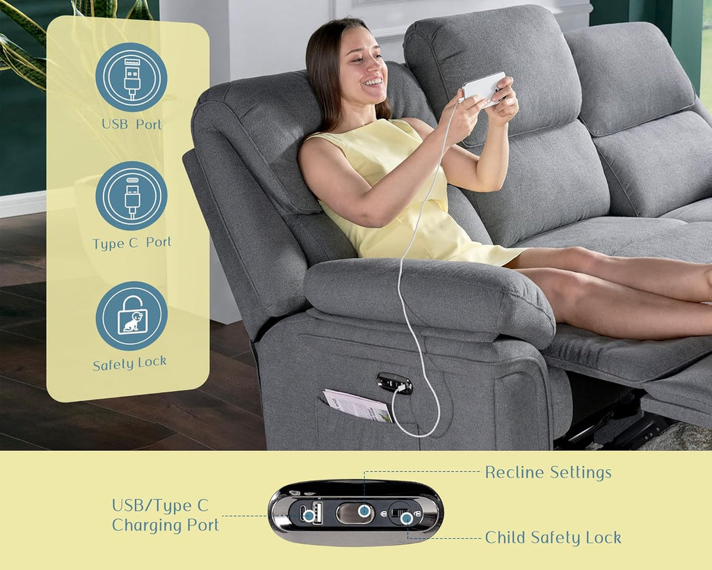 VanAcc Power Recliner Sofa, Home Theater Seating with Type-C Charging Ports, Electric Reclining Sofa for Living Room, Grey Sofa Recliner
