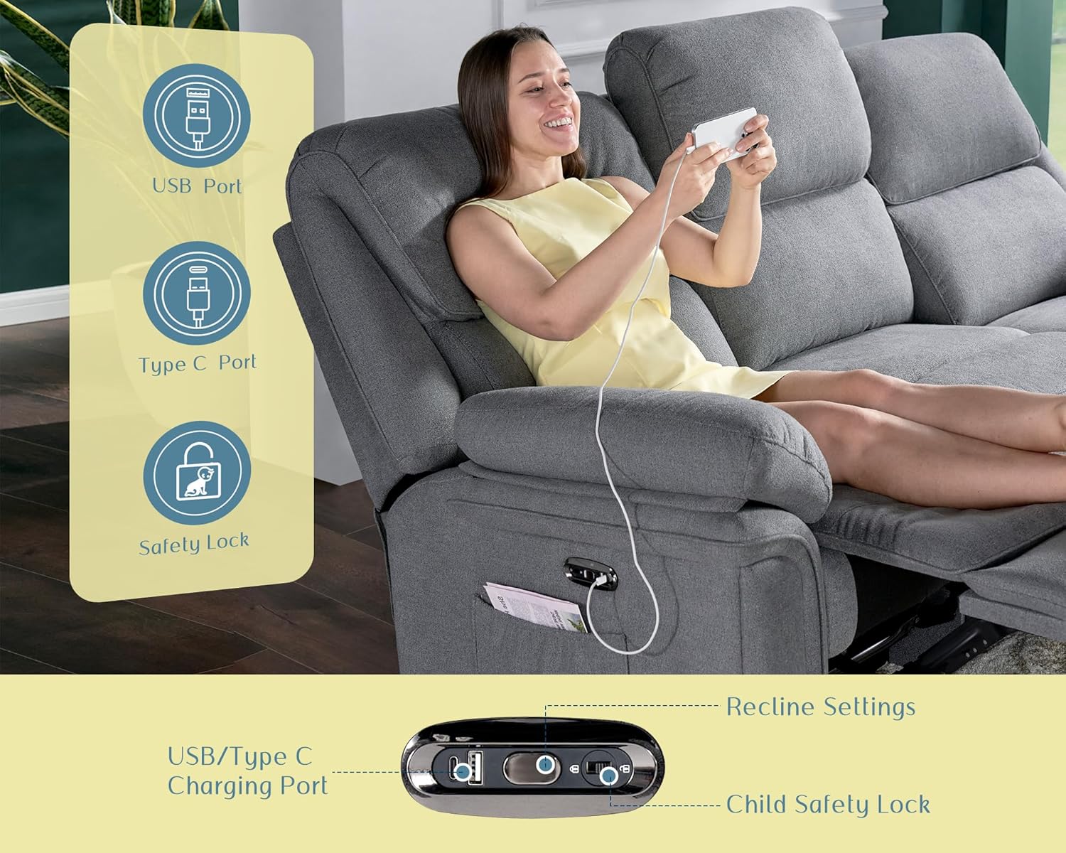 VanAcc Power Recliner Sofa, Home Theater Seating with Type-C Charging Ports, Electric Reclining Sofa for Living Room, Grey Sofa Recliner