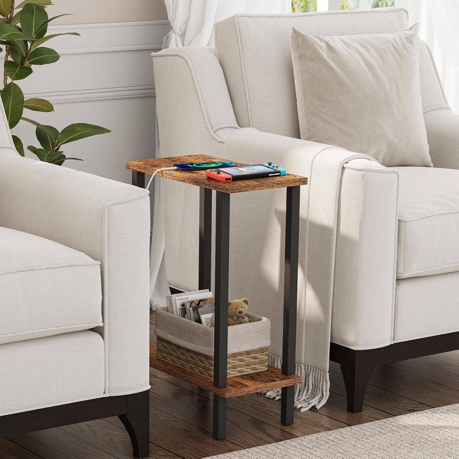 TUTOTAK Small Side Table, Narrow End Table, Skinny Sofa Table, Slim Nightstand, Couch Table, Living Room, Bed Room, Brown TB01BB062