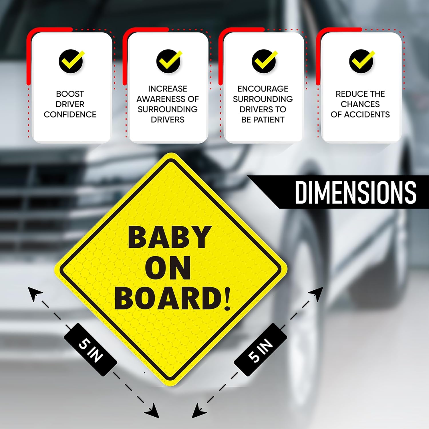 Baby On Board MAGNET Sign for Car - 2 Pack, 5" by 5" - Essential Magnetic Sticker for Bumper - Bright Yellow and Reflective - Best Safety Sign Accessories for Cars