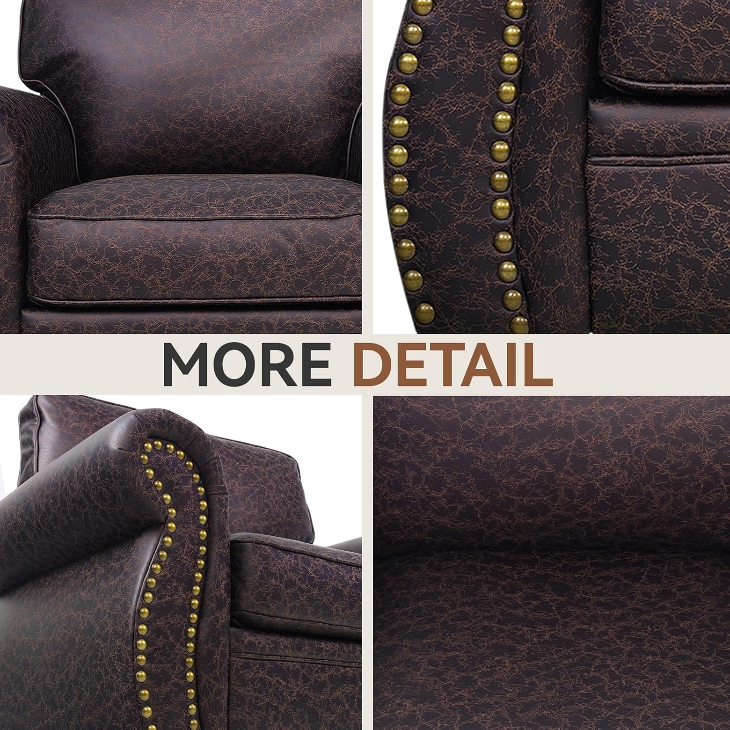 Rivet Couch,Living Room Sets,Mid-Century Couch, Solid Wooden Frame for Living Room,Vintage Couches (Brown, Loveseat+3 Seater)