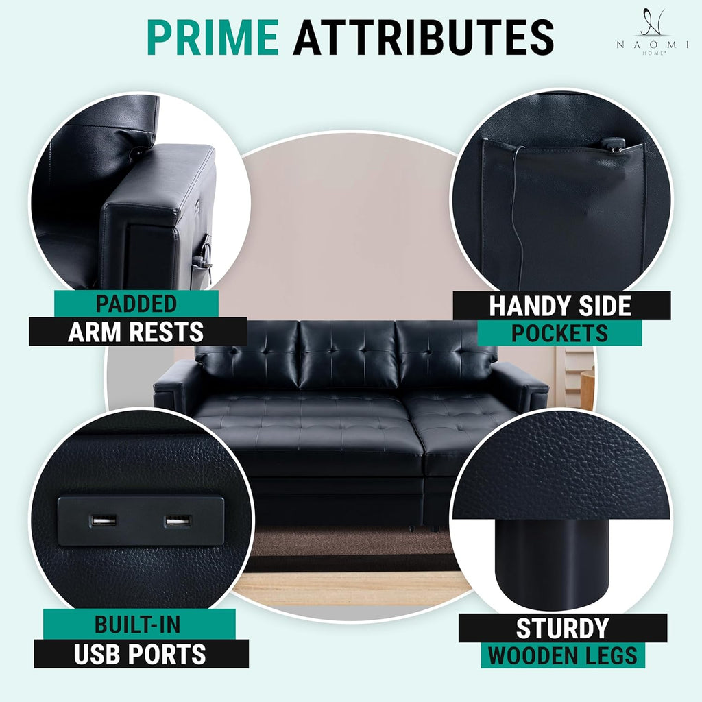 Naomi Home L-Shaped Sectional Sleeper Sofa with USB Ports - Convertible Pull-Out Bed, Ample Storage, Timeless Design, Durable Construction, Black/Air Leather