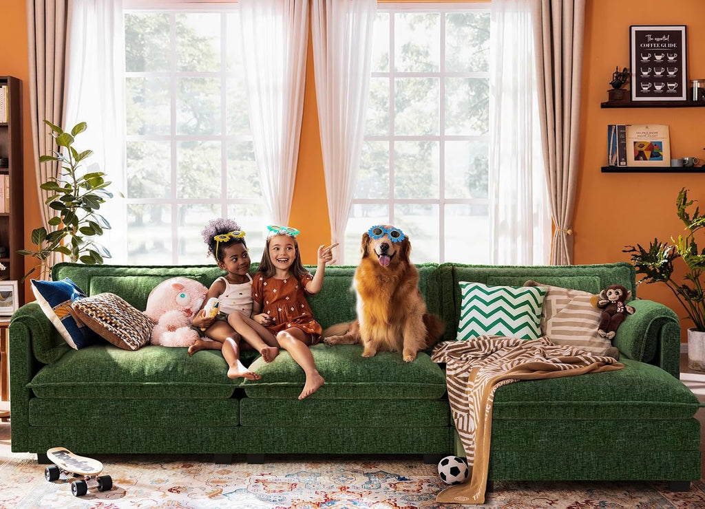 ELUCHANG 113" Modular Sectional Sofa, Comfy Cloud Couch, L Shaped Deep Seat Sofa Couches for Living Room, 4-Seater Modern Sofa with Movable Ottoman, DIY Combination - Chenille Green