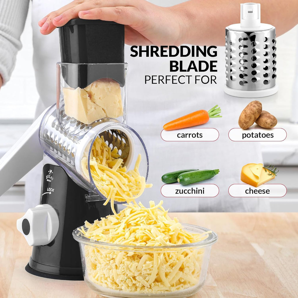 Zulay Rotary Cheese Grater 3 Blade Cheese Shredder - Manual Hand Crank Cheese Grater With Reinforced Suction & 3 Interchangeable Drums - Easy to Use Vegetable Chopper - Black