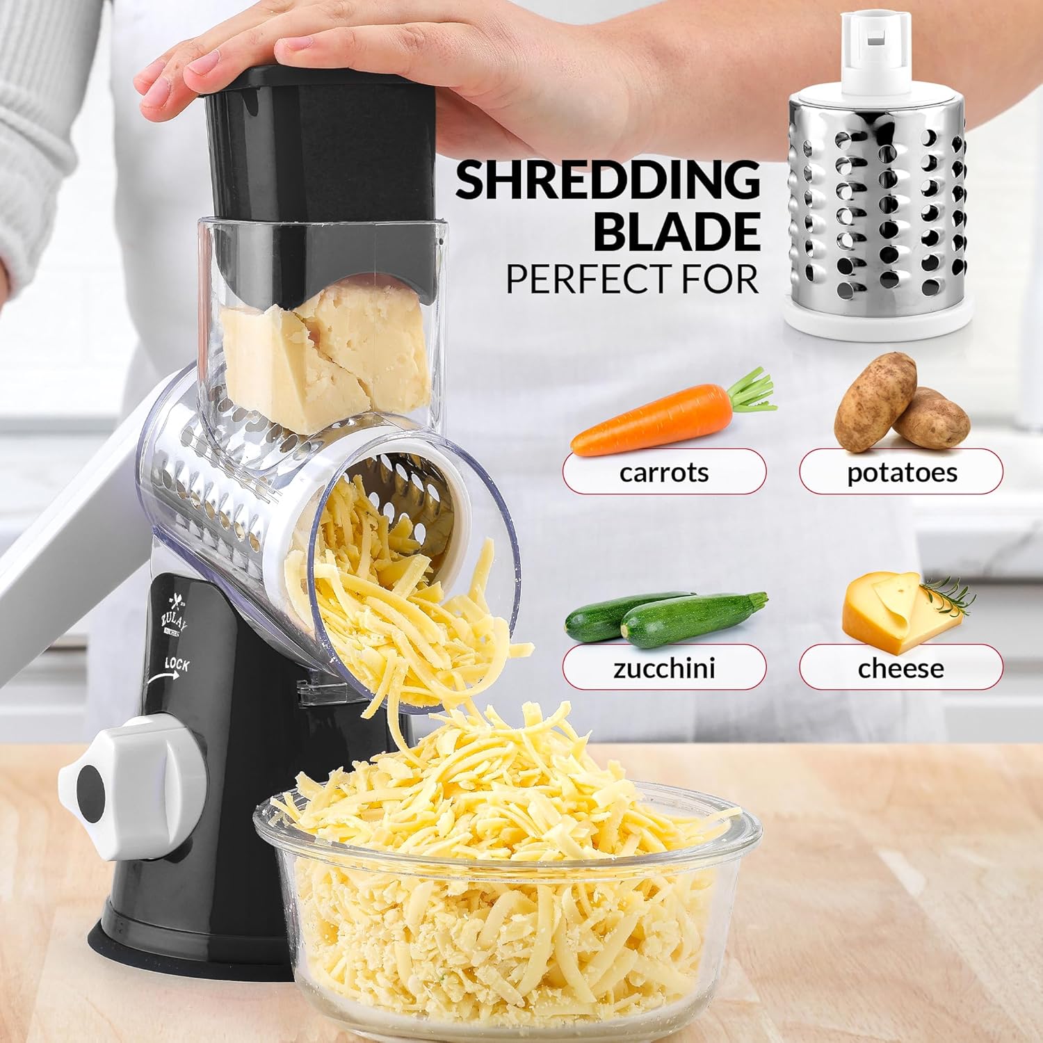 Zulay Rotary Cheese Grater 3 Blade Cheese Shredder - Manual Hand Crank Cheese Grater With Reinforced Suction & 3 Interchangeable Drums - Easy to Use Vegetable Chopper - Black