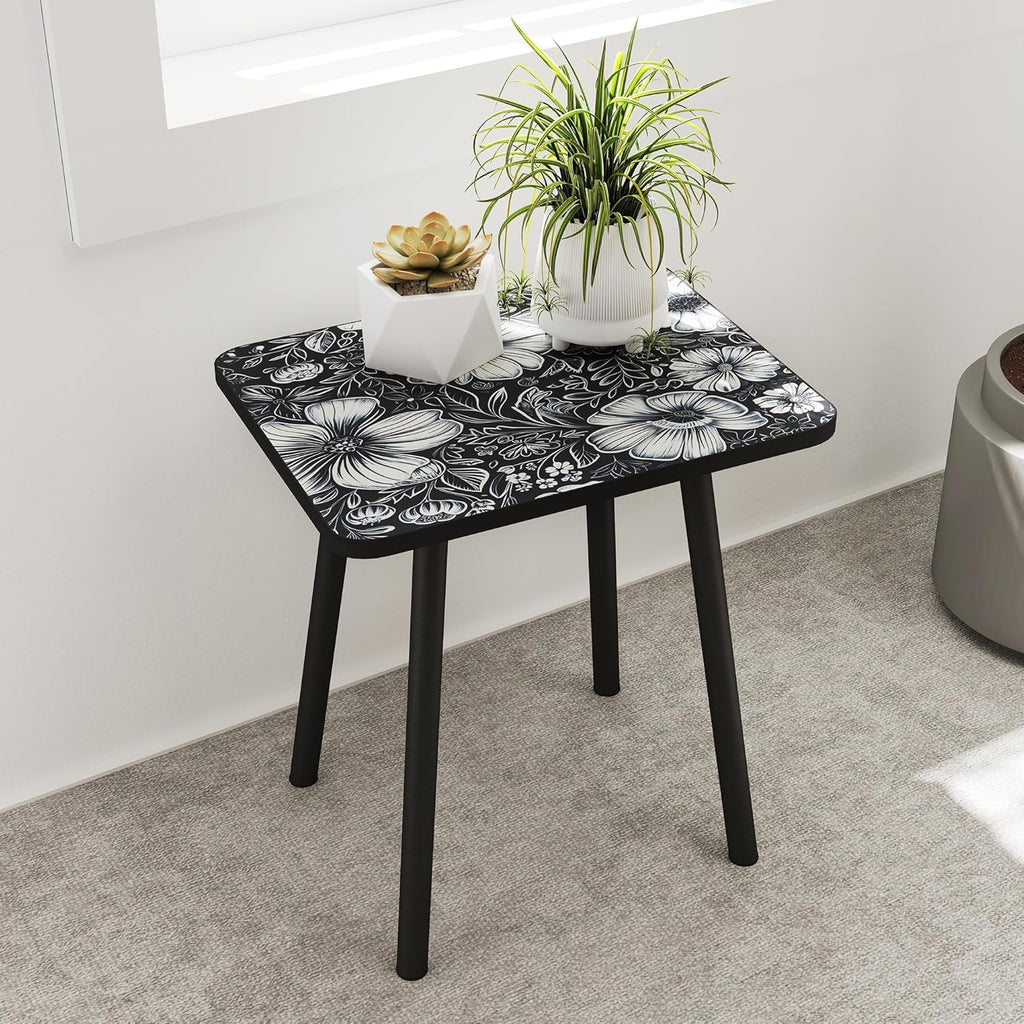 Mandala Small Rectangle End Table, Side Table with Black Flowers Finish, Retro Modern Small Coffee Table for Balcony, Living Room(11.8" D x 15.7" W x 17" H, Black, Rectangle)