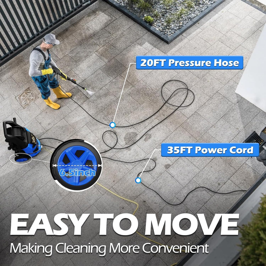 Pressure Washer, 5000PSI Max 3.2GPM Power Washer Adjustable Touch Screen with 35FT Power Cord, 20FT Hose, 4 Nozzles for Driveways Furniture or Cars, Blue