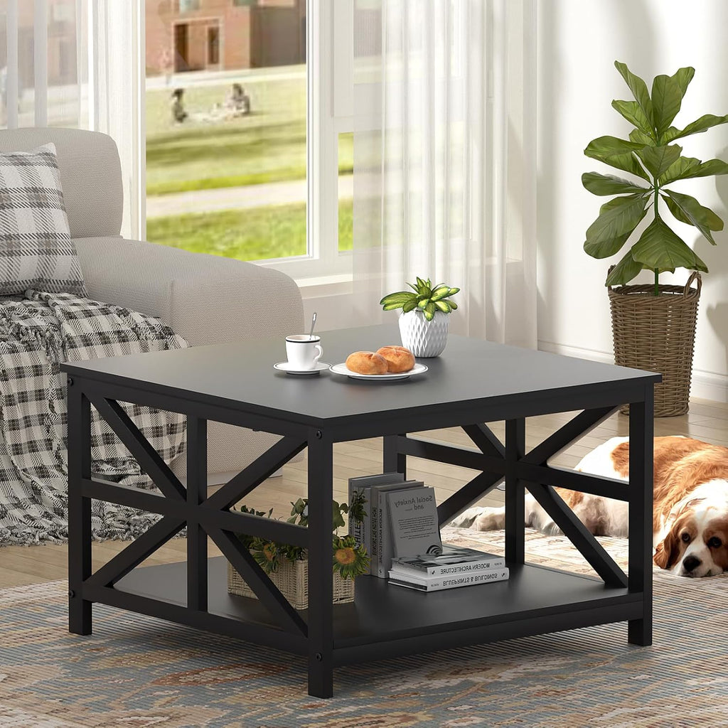 GreenForest Coffee Table with Storage for Living Room, Small Square Center Tables with Seamless One-Piece Tabletop Farmhouse Style, Black
