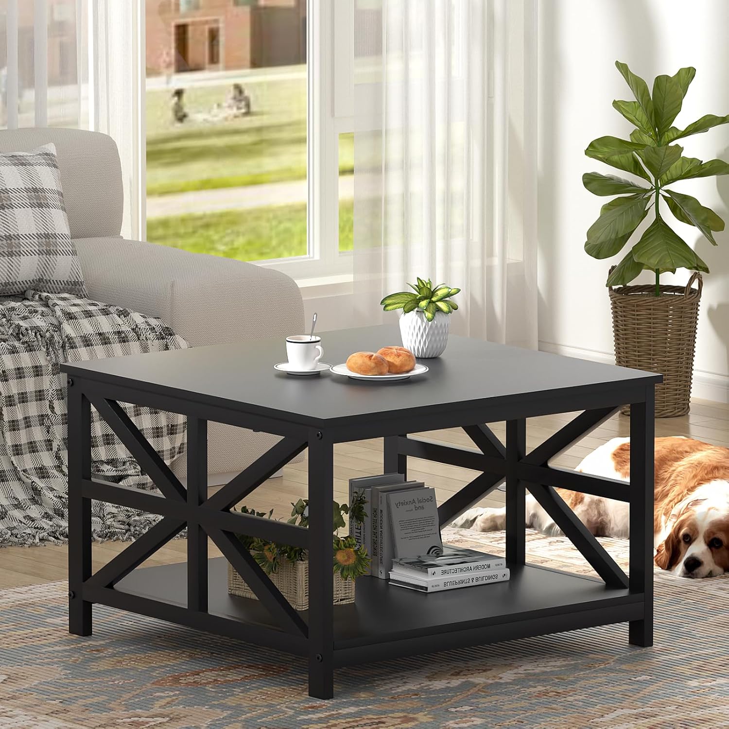 GreenForest Coffee Table with Storage for Living Room, Small Square Center Tables with Seamless One-Piece Tabletop Farmhouse Style, Black