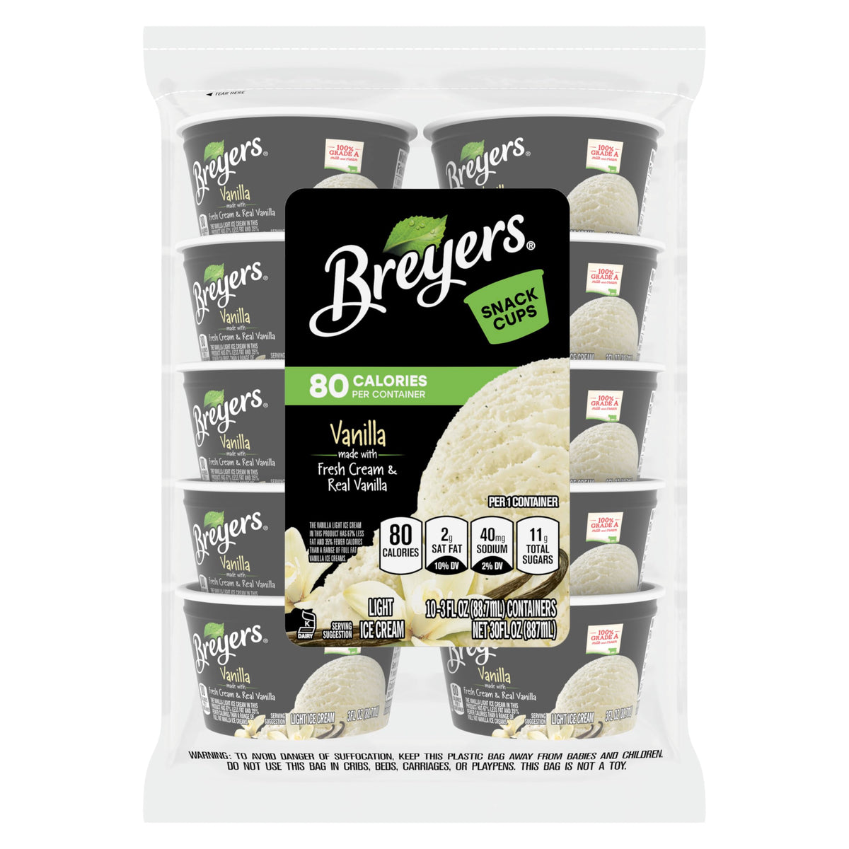 Breyers Ice Cream For a Frozen Dessert On-The-Go Natural Vanilla Snack Cups Made with 100% Grade A Milk & Cream, Sustainably-Farmed Vanilla 3 oz 10 ct