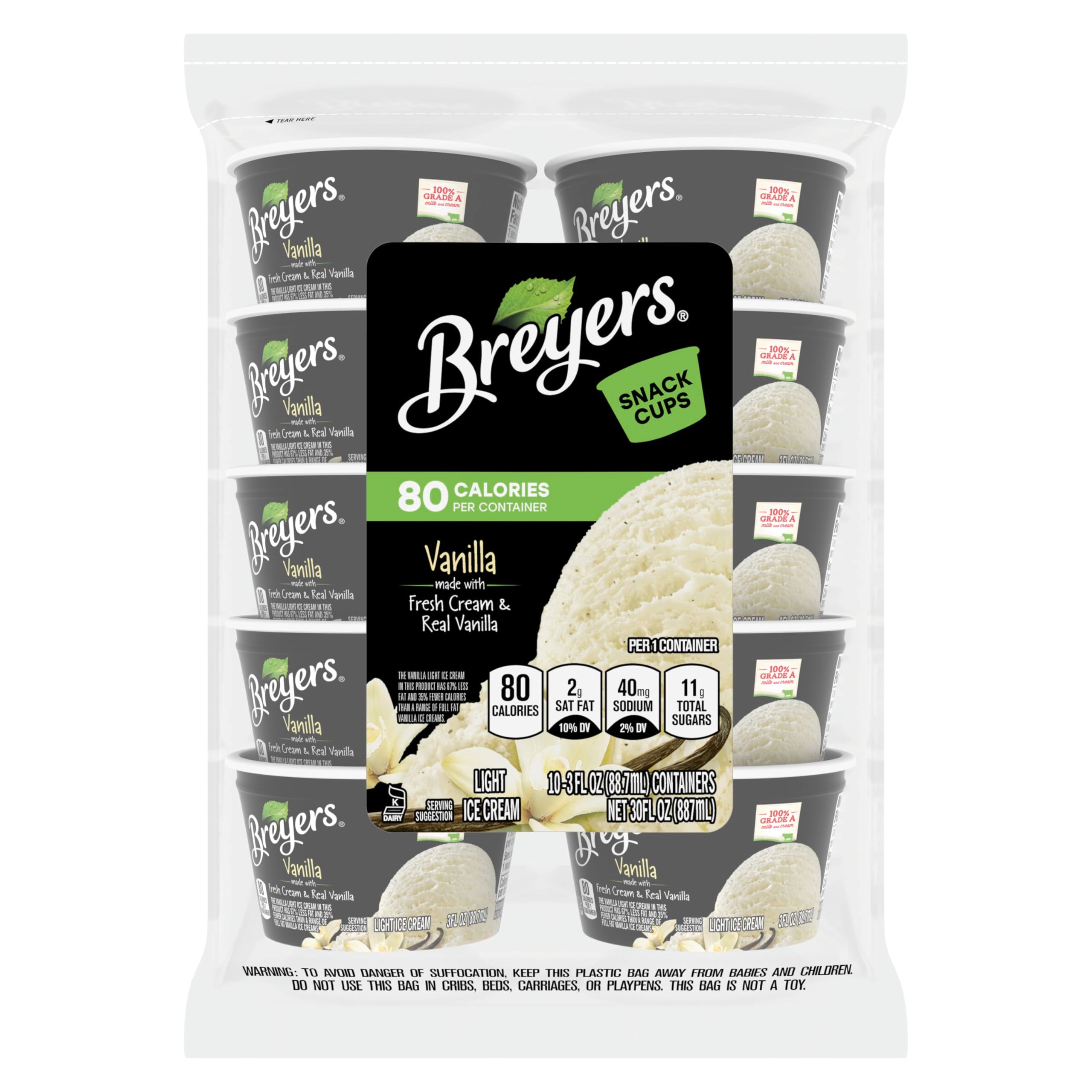 Breyers Ice Cream For a Frozen Dessert On-The-Go Natural Vanilla Snack Cups Made with 100% Grade A Milk & Cream, Sustainably-Farmed Vanilla 3 oz 10 ct
