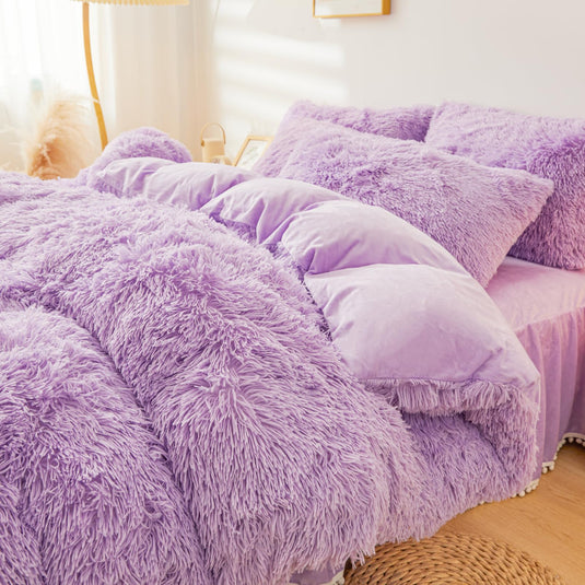 Fluffy Pink Faux Fur Comforter Cover Set，Fluffy Fuzzy Plush Pink Bedding 3Pcs (1 Faux Fur Duvet Cover +2 Fuzzy Pillowcases) Pink Fluffy Bed Set (Pink, Queen)