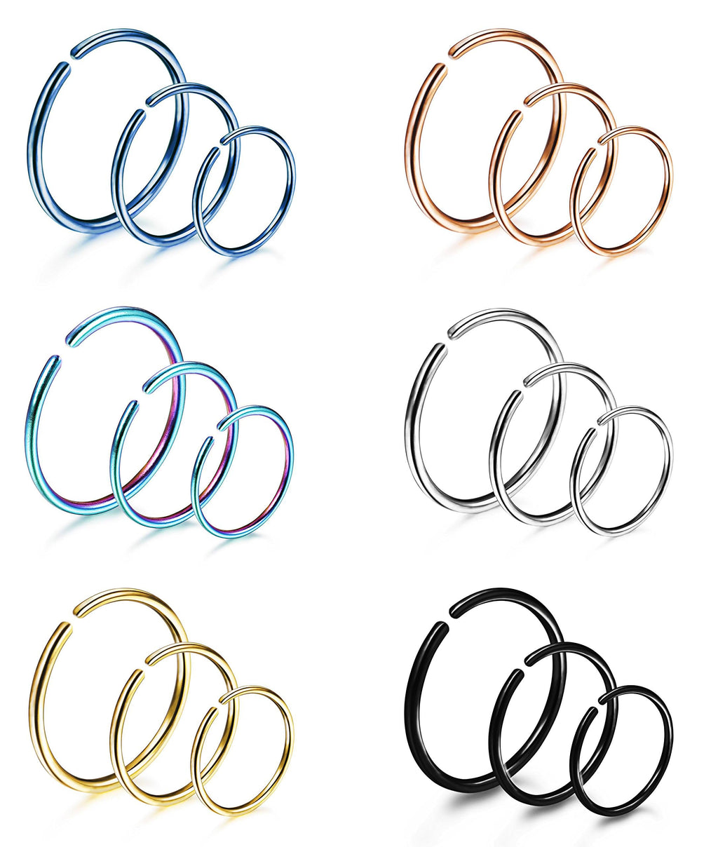 LOYALLOOK 18/24Pcs Hypoallergenic Nose Rings Hoops 316L Surgical Stainless Steel Lightweight Small Piercing Jewelry for Women Men Cartilage Tragus Helix