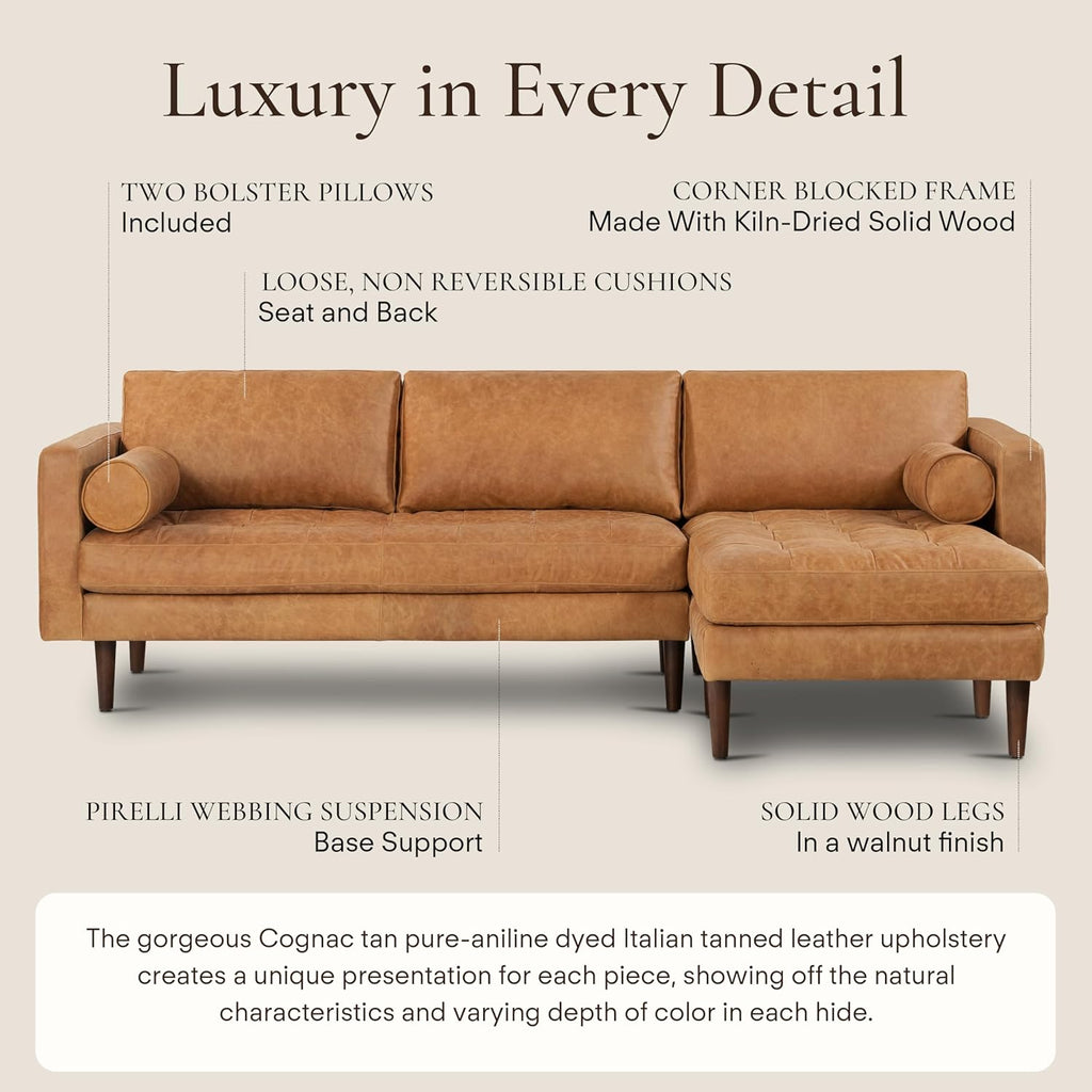 POLY & BARK Napa Leather Couch – Right-Facing Sectional Leather Sofa - Tufted Back Full Grain Leather Couch with Feather-Down Topper On Seating Surfaces – Pure-Aniline Italian Leather – Cognac Tan