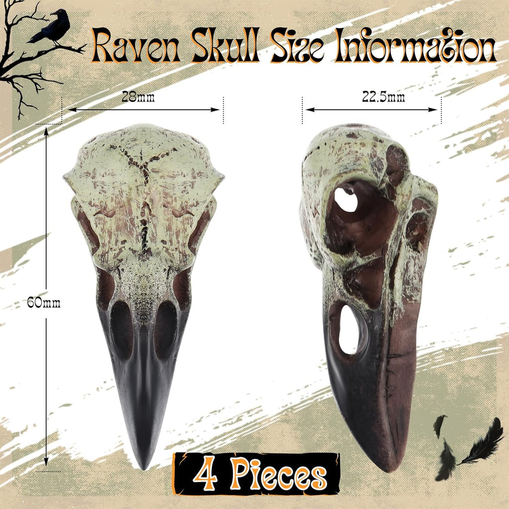 Geetery 4 Pcs Halloween Raven Skull Figurine Scavenger Gothic Crow Hanging Wall Sculpture Resin Raven Skull Statue for Home Faux Bird Bone Jewelry Necklace Decor (2.36 Inch)