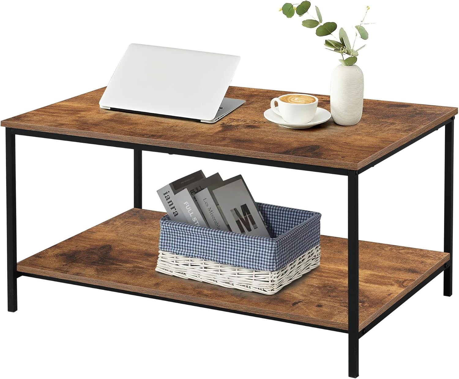 SENIG Small Brown Rectangle Wood and Metal Coffee Table with Storage Shelf for Small Living Rooms