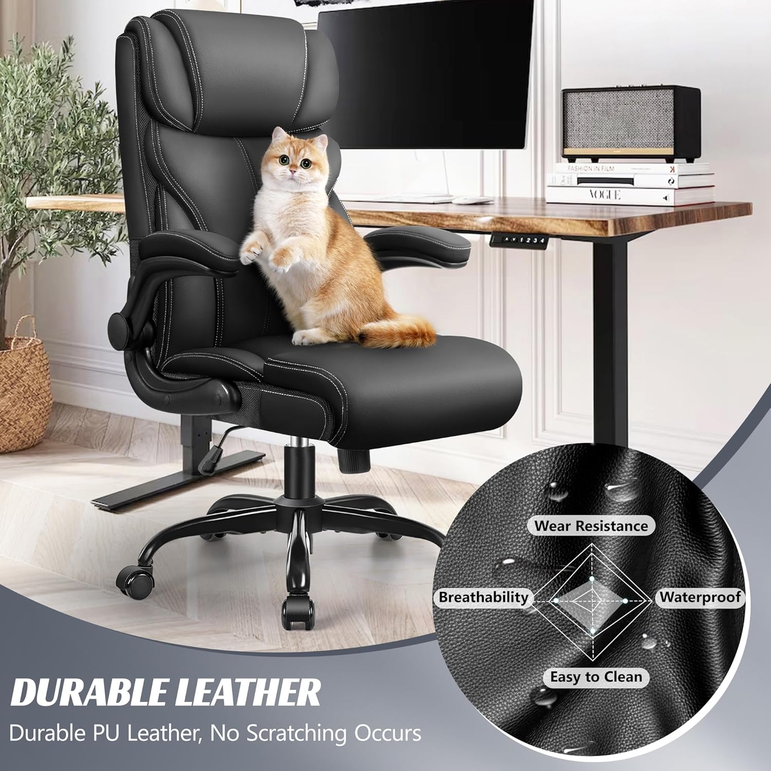 Office Chair, Ergonomic Big and Tall Computer Desk Chairs, Executive Breathable Leather Chair with Adjustable Flip-up Armrests, Lumbar Support Swivel PC Chair with Rocking Function