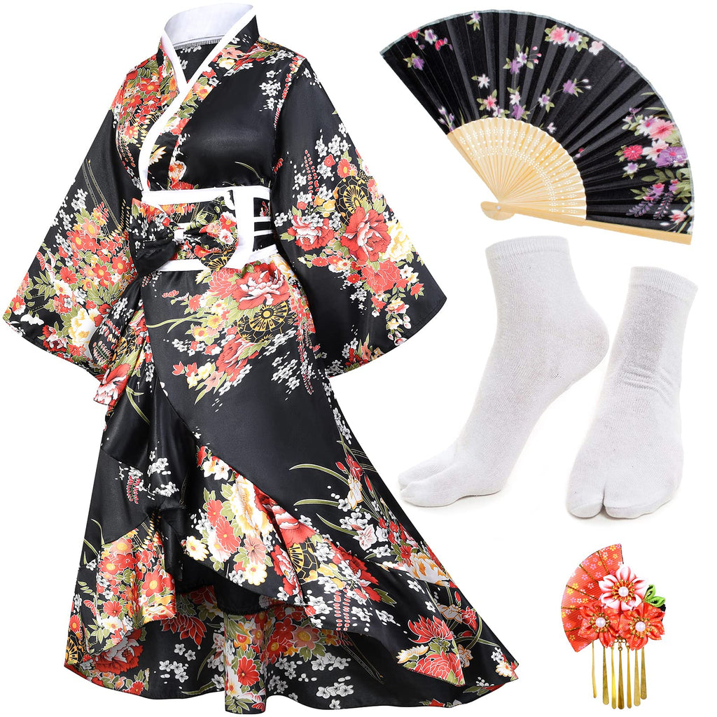 Women's Kimono Robe Geisha Yukata Sweet Tuxedo Ruffle Dress Blossom Satin Bathrobe Sleepwear Fans Tabi Socks Set