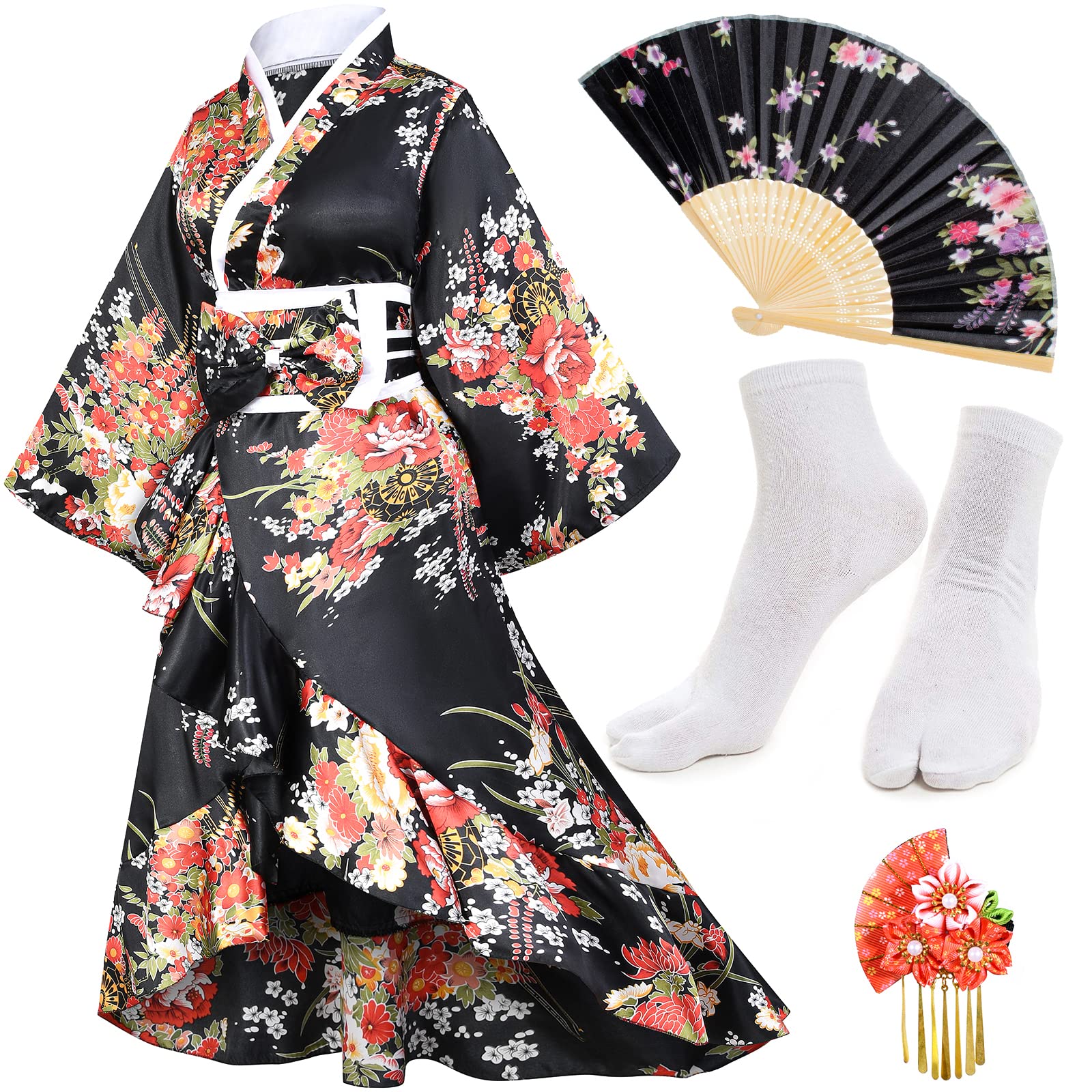 Women's Kimono Robe Geisha Yukata Sweet Tuxedo Ruffle Dress Blossom Satin Bathrobe Sleepwear Fans Tabi Socks Set