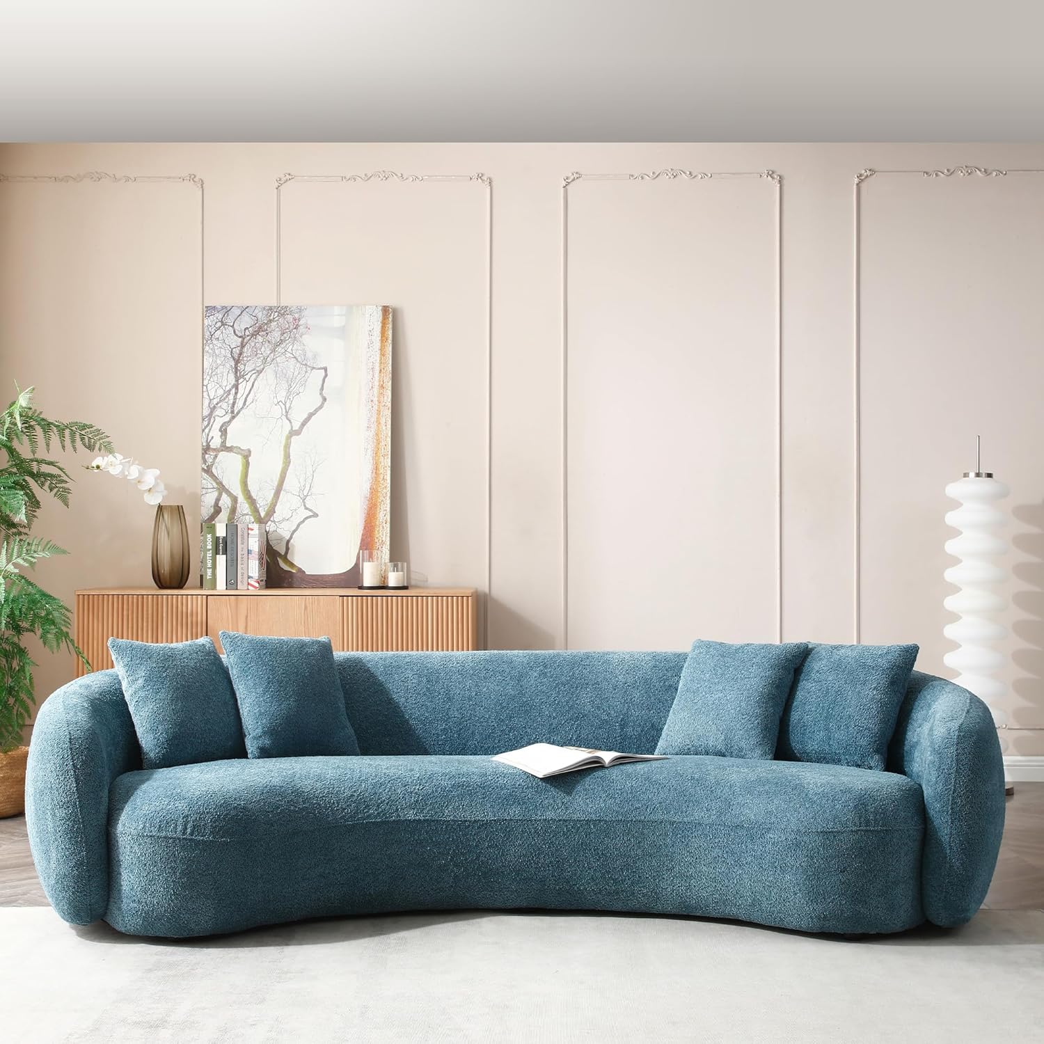 Modern 5 Seats Curved Sofa Oversized Half-Moon Sofa&Couch, Beautiful Freestanding Sofa Comfy Teddy Fleece Boucle Leisure Sofa Couch with 4 Big Pillows for Home Office Apartment Living Room