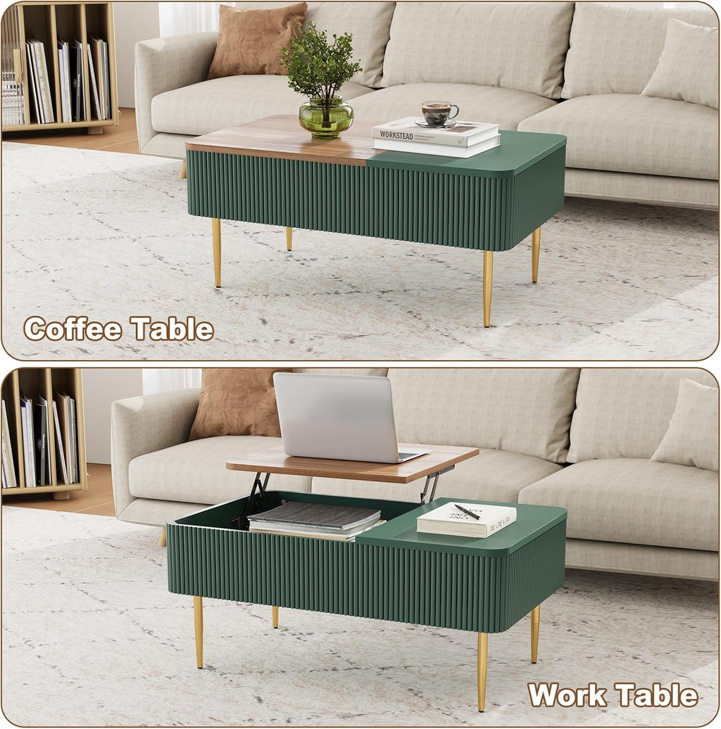 HLR 39" Lift Top Coffee Table with Hidden Storage Compartment, Modern Rising Wood Dining Center Table with Drawer for Small Space, Living Room, Office, Green