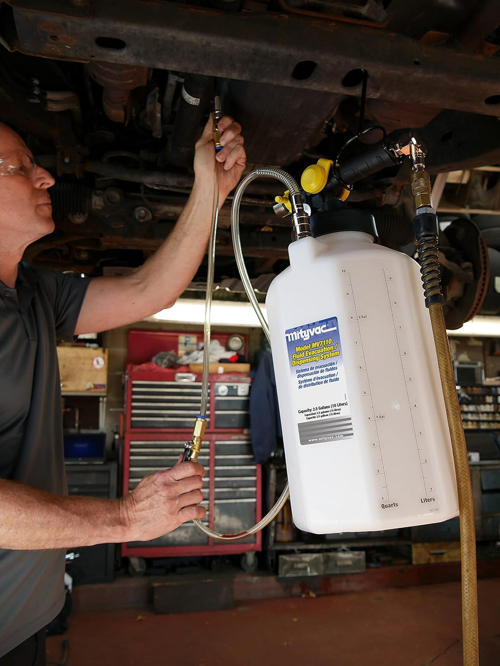 Mityvac MV7412 ATF Sealed Transmission Fluid Extractor and Refill Kit, 2.5 Gallon (10 Liter), Compressed Air, Isolated Flow Control, Pressure/Vacuum Switch Valves, MVA575 Flex Hose with Control Valve