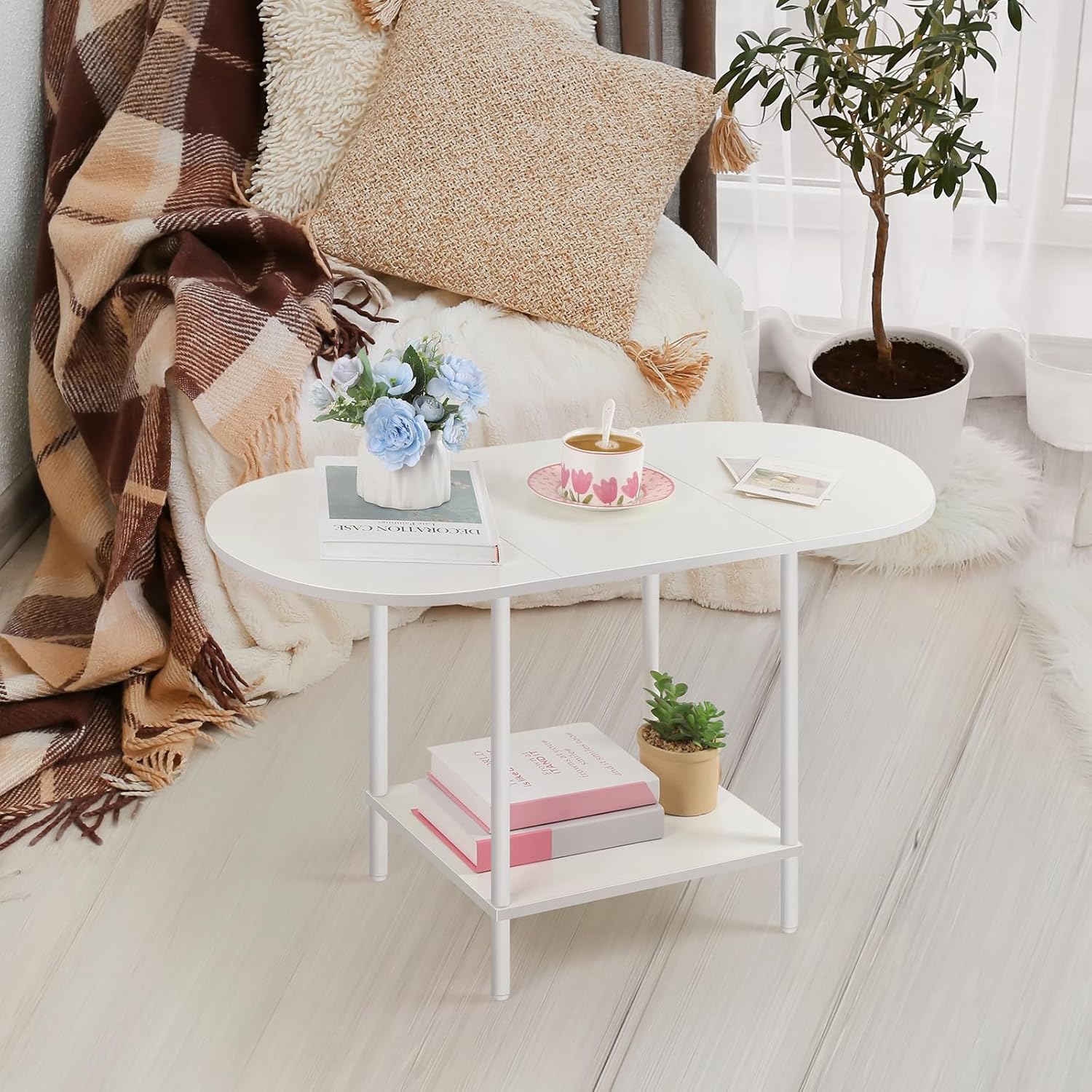 White Coffee Table for Living Room, Small Oval Coffee Table with Storage and Wood Tabletop, Mid Century Round Center Table for Small Space, Home Office