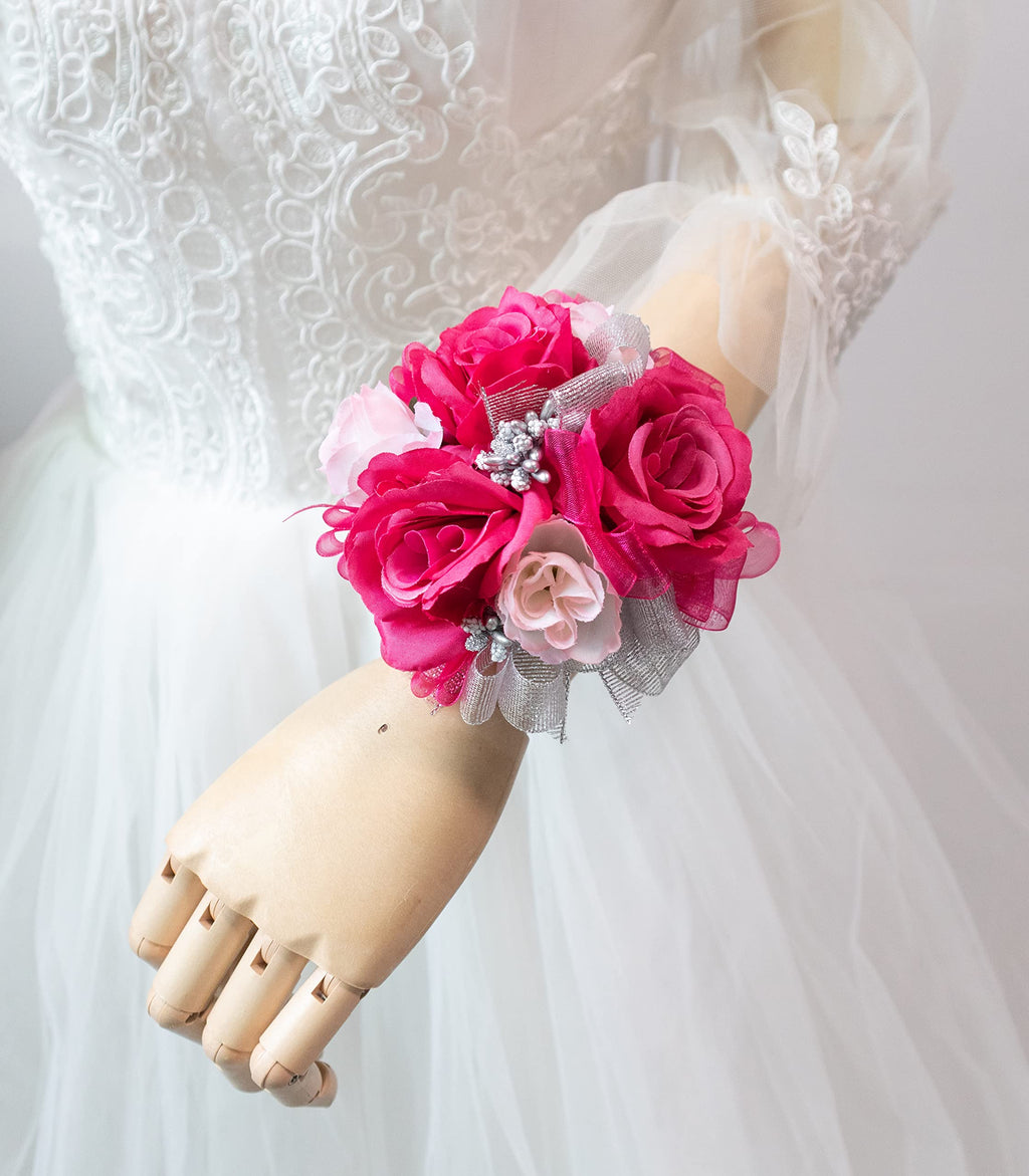 Ansuma Hot Pink Rose Corsage Boutonniere Set Real Touch Flowers for Men and Women, Bride Bridesmaid Groom Fuchsia Wedding Flowers Accessories Prom Party Dinner Dance Anniversary (Fuchsia)