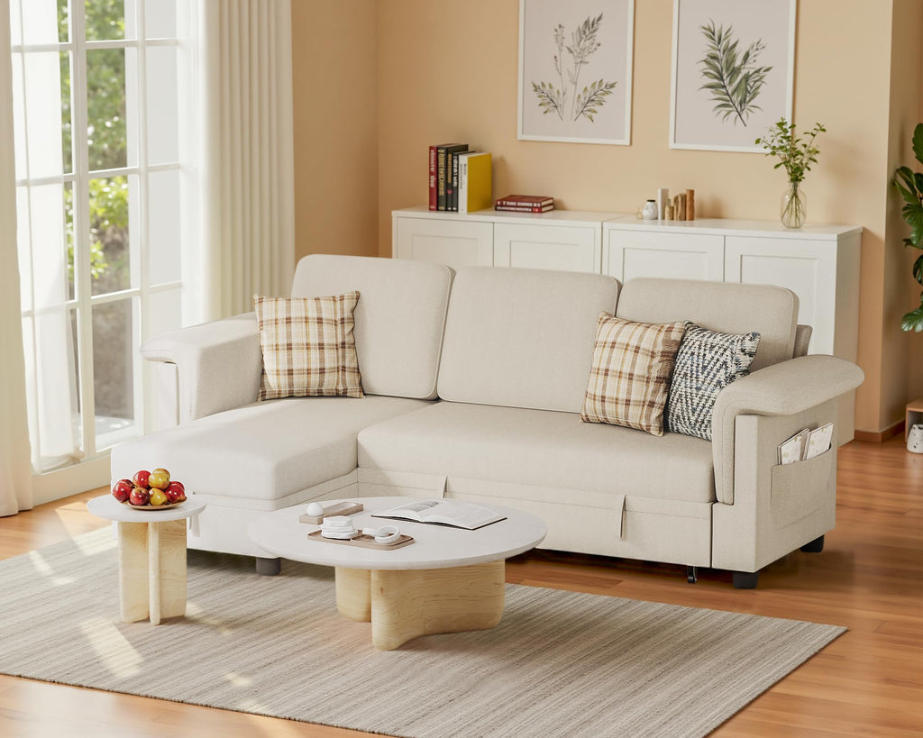 Homall Sleeper Sofa, Pull Out Sofa Couch Bed with Storage Reversible Chaise, L-Shaped Sofas with Side Pocket for Living Room, Small Space (Linen Fabric, Dark Grey)