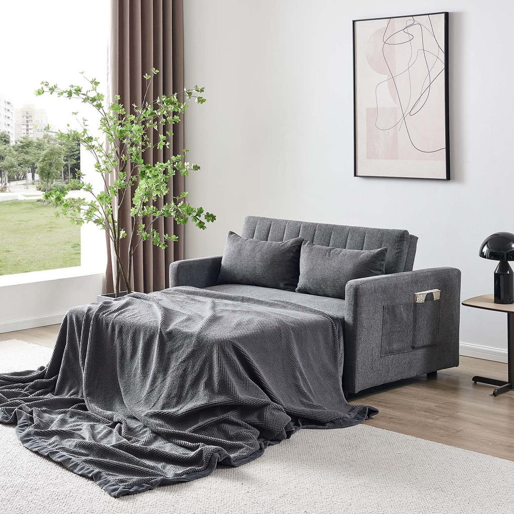 55'' Sofa Bed, Pull Out Sleeper Sofa Couch Bed, Loveseat Couch Bed, Futon Sofa Bed with Side Pocket, Convertible Sofa Bed for Living Room, Apartment, Bedroom, RV, Brown