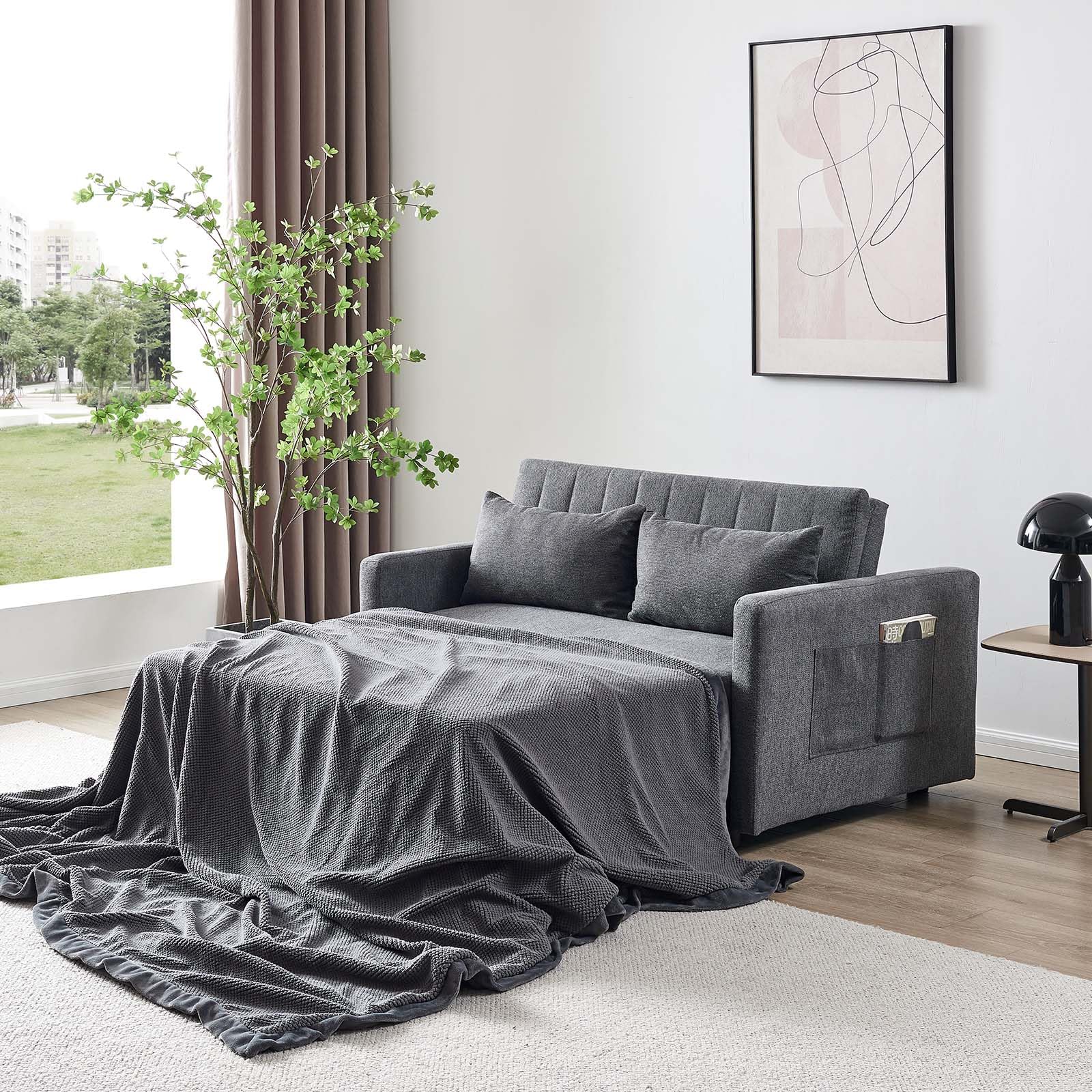 55'' Sofa Bed, Pull Out Sleeper Sofa Couch Bed, Loveseat Couch Bed, Futon Sofa Bed with Side Pocket, Convertible Sofa Bed for Living Room, Apartment, Bedroom, RV, Brown