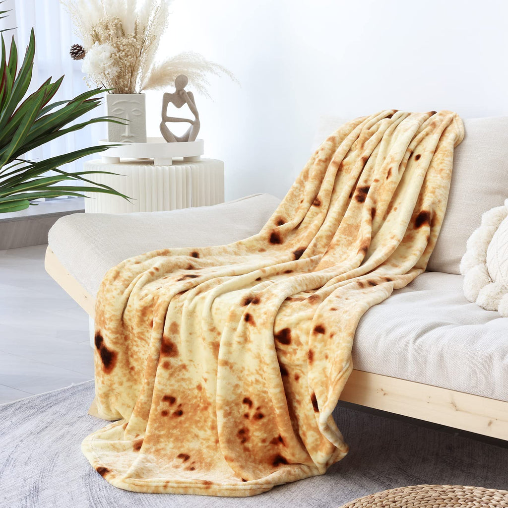Bnuitland Burritos Tortilla Blanket, 300GSM Double Sided Giant Funny Gift Throw with Pouch, Realistic Novelty Super Soft Sofa Yellow Taco Food Blanket for Kids/Pets and Adults