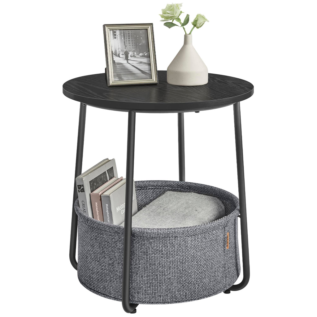 VASAGLE Small Round Side End Table, Modern Nightstand with Fabric Basket, Matte White and Camel Brown ULET223W10