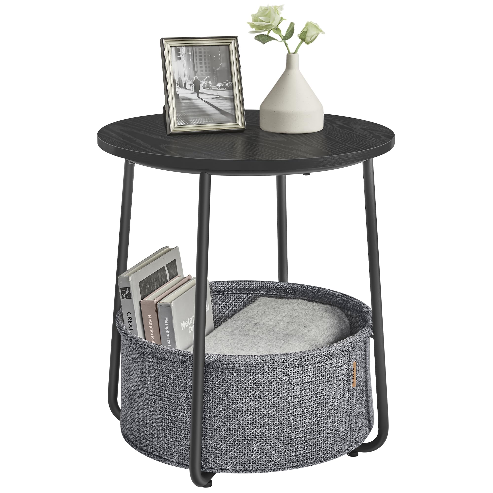 VASAGLE Small Round Side End Table, Modern Nightstand with Fabric Basket, Matte White and Camel Brown ULET223W10